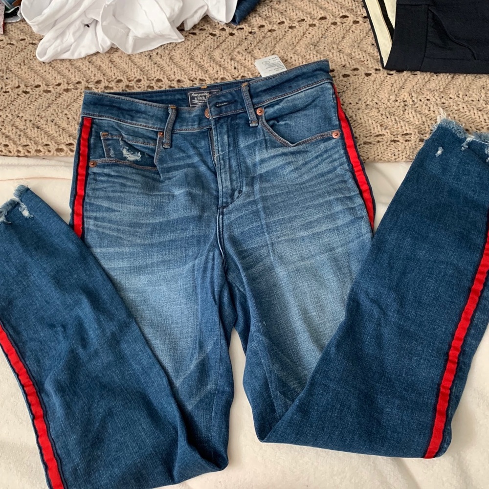 Red side stripe jeans